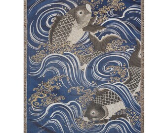 Woven throw blanket, vintage aesthetic Golden Fish Wealth brining in Woven Blankets, Japanese art