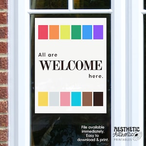 Letrero de bienvenida LGBTQ+ imprimible Todos son bienvenidos aquí Arte de pared Inclusión Progreso Orgullo Póster imprimible Decoración profesional LGBTQ Letreros de bienvenida comerciales