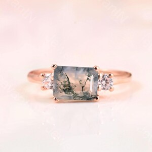 Moss Agate Engagement Ring Solid 14K Gold Engagement Ring engagement Ring Promise Ring Anniversary Gift valentine day gift Emerald cut ring