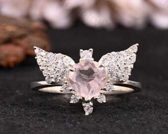 Rose Quartz Heart Ring: Sterling Silver Angel Wings, CZ Accents