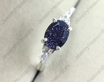 Art Deco Blue Sandstone Ring, Sterling Silver Engagement Ring