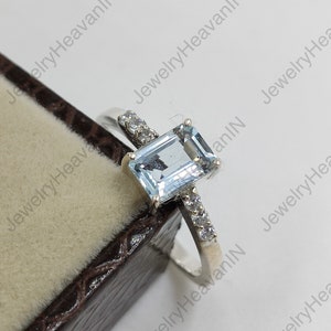 Emerald Cut Aquamarine Ring Alternative Engagement Ring, Unique Aquamarine engagement ring March birthstone gift ring, Vintage inspired ring