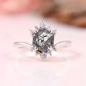 Hexagon cut black rutilated quartz engagement ring wedding ring women anniversary ring Black Quartz ring promise ring valentines day gift