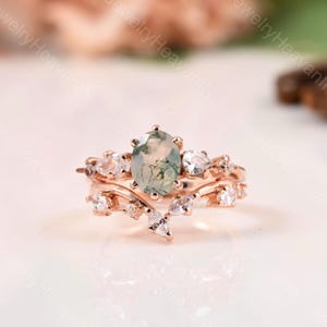 Oval cut Moss agate ring set 14k Rose gold engagement ring set Marquise band Moss agate  wedding ring set Promise ring anniversary ring set