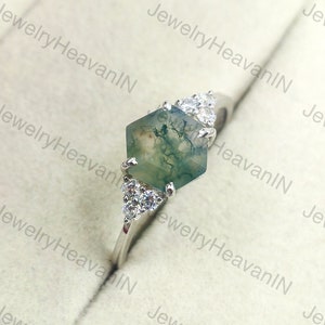 Hexagon cut moss agate ring 925 sterling silver ring moss agate engagement ring branches Classic nature inspired ring anniversary gift