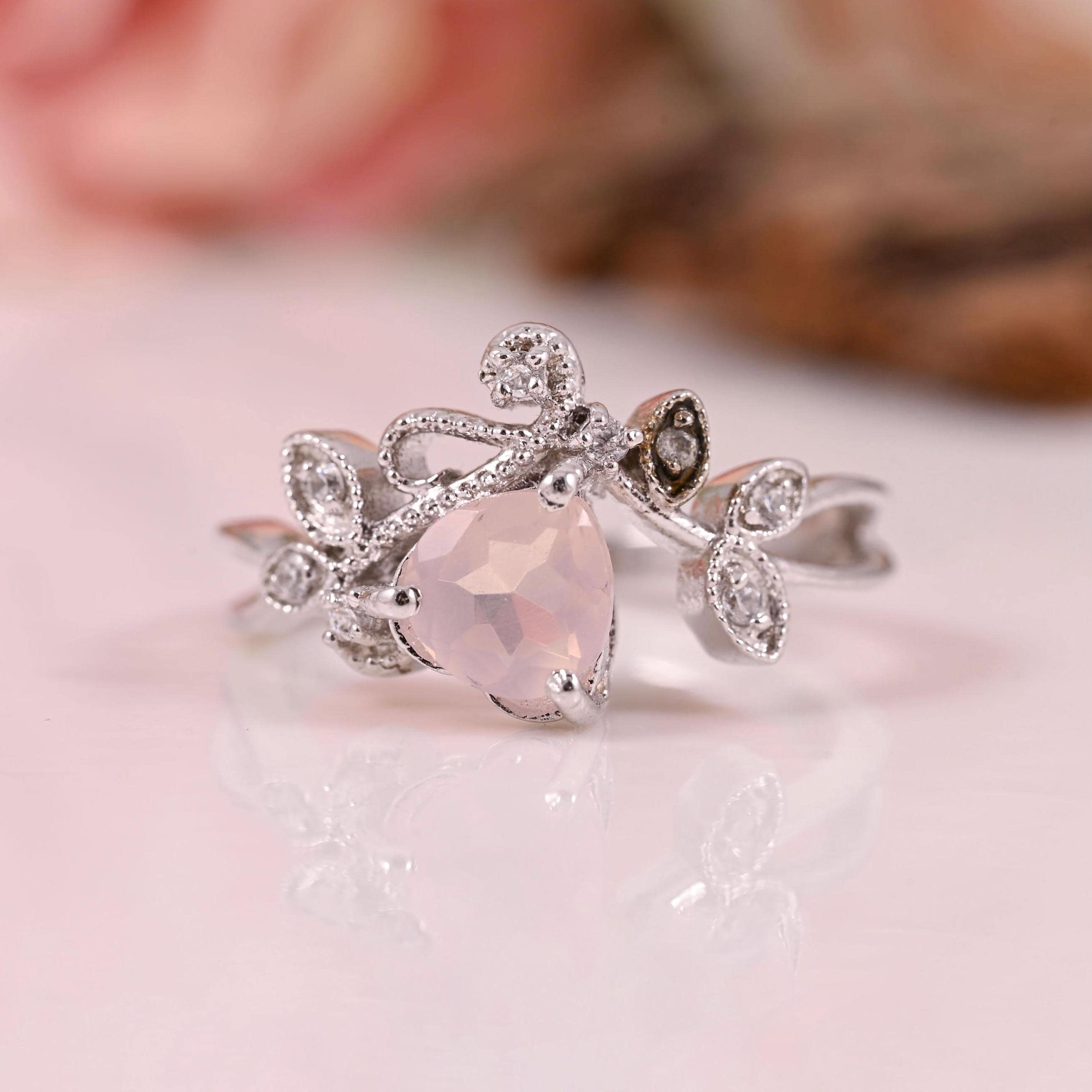 ローズクォーツ ハートリング、リーフデザイン、925スターリング