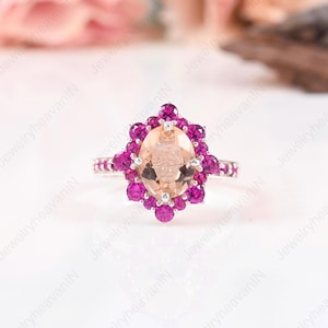 Anillo de compromiso de boda con halo de morganita de corte ovalado para mujer, acabado en oro blanco de 14 k, anillo de dama de honor de plata esterlina 925, regalo de anillo de aniversario