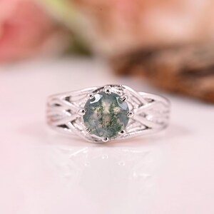 Round cut moss agate ring 925 sterling silver ring moss agate engagement ring art deco diamond ring anniversary ring women gift Wire ring