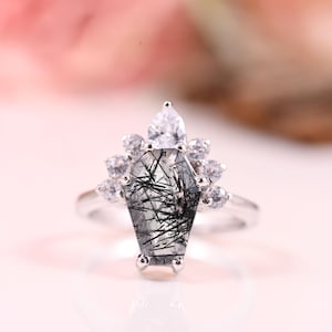 Coffin shape black rutilated quartz ring white gold engagement ring, Moissanite diamond ring Antique women ring anniversary gift for love
