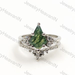 Vintage kite cut green moss agate engagement ring set 14k rose gold kite cut moissanite ring for women unique bridal wedding ring set