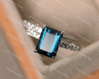 Emerald cut London blue topaz engagement ring 14k yellow gold half eternity marquise milgrain diamond promise wedding ring women jewelry