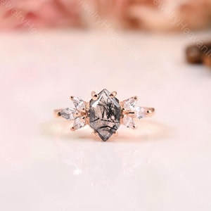Hexagon Black Rutilated Quartz Ring Art Deco Black Rutile 14k Rose Gold Band  moissanite ring Engagement Ring Promise ring woman ring gift