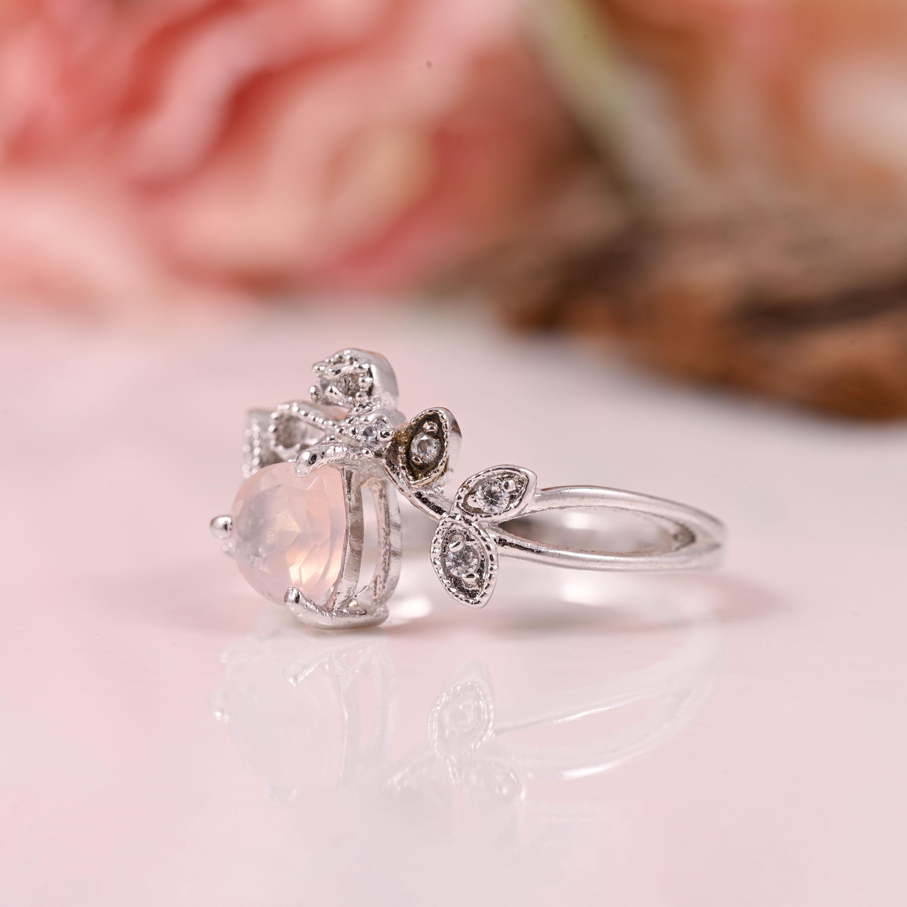 ローズクォーツ ハートリング、リーフデザイン、925スターリング