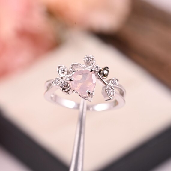 ローズクォーツ ハートリング、リーフデザイン、925スターリング