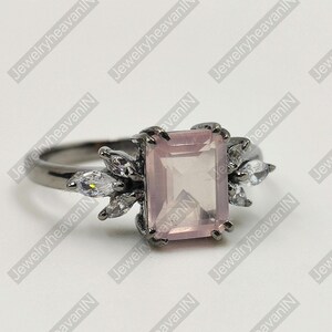 Natural Rose Quartz Ring Emerald Cut Pink Gemstone Quartz Promise Crystal Healing Ring Rose Gold Cluster Engagement Ring Anniversary Jewelry