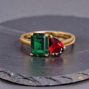 Toi Et Moi Smaragd Granat Ring 925 Sterling Silver Guld Jubileum Förlovningsgåva Dam Smycken