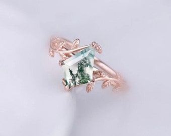 Kite cut moss agate ring 925 sterling silver ring moss agate engagement ring branches leaf twig nature inspired ring anniversary gift
