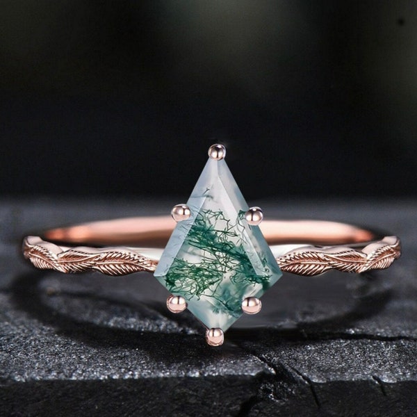 Vintage kite cut green moss agate engagement ring set 14krose gold leaf ring for women unique bridal wedding ring set