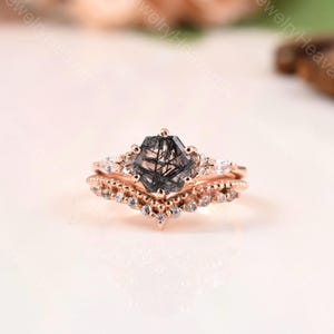 Hexagon black rutilated quartz engagement ring set rose gold art deco moissanite ring black diamond ring for women ring gift Rutile ring set