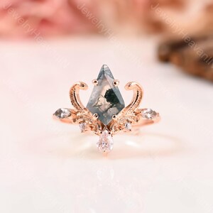 Kite Shape Moss Agate Engagement Ri 14K Rose Gold Moss Agate Promise Ring, Moss Agate Wedding Anniversary Ring woman ring promise ring