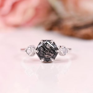 Hexagon cut Black rutilated quartz ring Black gemstone engagement ring  White gold ring Baguette cut quartz ring promise ring woman ring