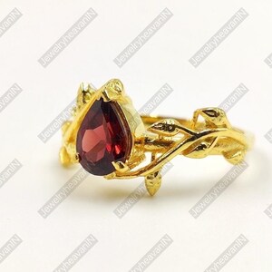 Natural Red Garnet Ring, Gold Leaf Ring, pear Cut Garnet Engagement Ring, January Birthstone, Solitaire Ring, Ring For Women Promise Ring