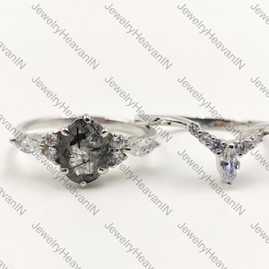 Rutilated Quartz Oval Shaped Engagement Ring for Women, Art Deco Bridal Ring Set, Black Rhodium Leaf Shaped Wedding Anniversary Ring