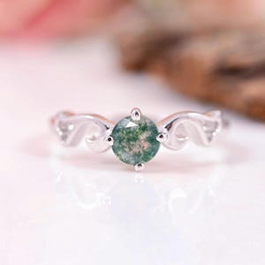 Round cut moss agate ring 925 sterling silver ring moss agate engagement ring art deco wedding ring anniversary ring women Christmas Gift