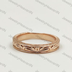 Vintage Filigree Wedding Band 14K Gold Vermeil Matching Band Handmade Engraving Stacking Anniversary Rings For Women Dainty Milgrain Band