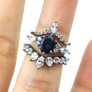 Blue Sandstone Ring Set: Sterling Silver, CZ Accents
