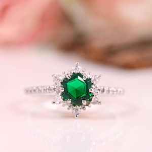 Hexagon Emerald Engagement Ring White Gold Moissanite Promise Ring Art Deco wedding ring anniversary Ring woman ring anniversary gift Mother