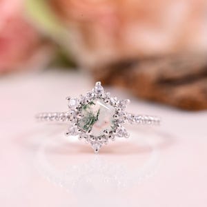 Hexagon Cut Moss Agate Ring White Moss Agate Engagement Ring Anniversary Ring Diamond Wedding ring Promise Ring Women Jewelry Christmas gift