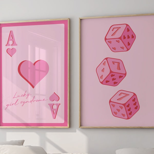 Trendy Retro Wall Art Set Of 2, Lucky Dice Print, Ace Card, Lucky Girl Print, Preppy Trendy Prints, Aesthetic Pink Dice Poster, Dorm Posters