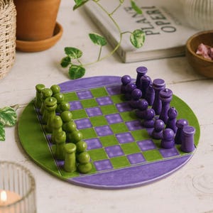 Ceramic Chess Set with Unique Chessboard • Artisan Exquisite Personalized Gift • New Year&#39;s Gift Ideas • Purple & Olive Green