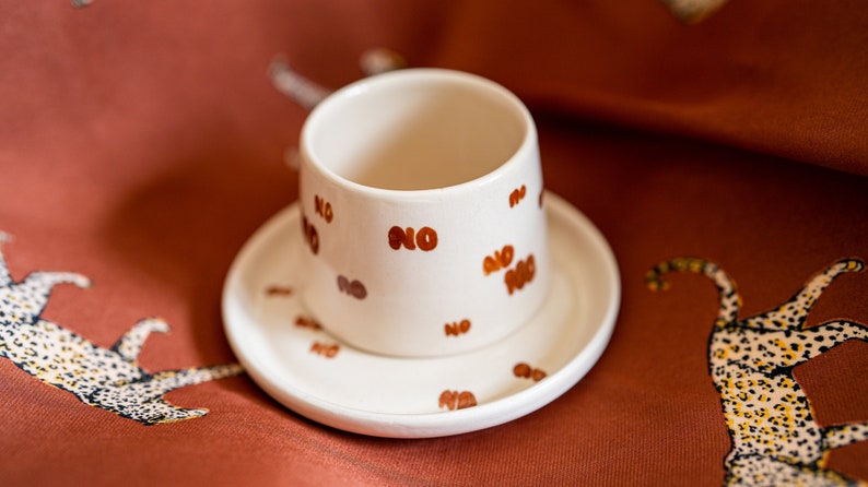 Say NO to bad thoughts Hand Painted Espresso Mug Coffee Mug Set Housewarming Gift Ideas Coffee Set for Couples Typographic zdjęcie 3