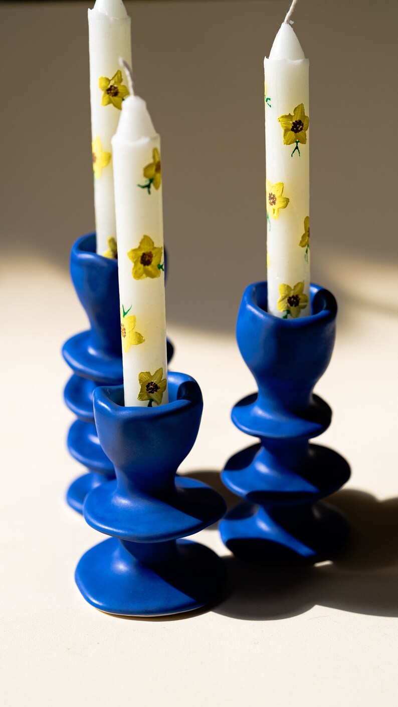 3 Pieces Set Blue Candle Holders With Hand Painted Candles as Etsy