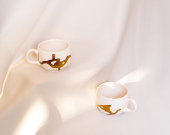 Set for Two Coffee Mugs • Gold Painted • Cute Mugs • Ceramic Coffee Cups • Handmade Mugs • House Warming Gifts