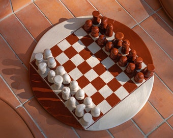 Ceramic Chess Set with Unique Chessboard • Artisan Exquisite Personalized Gift • New Year's Gift Ideas • Free Shipping