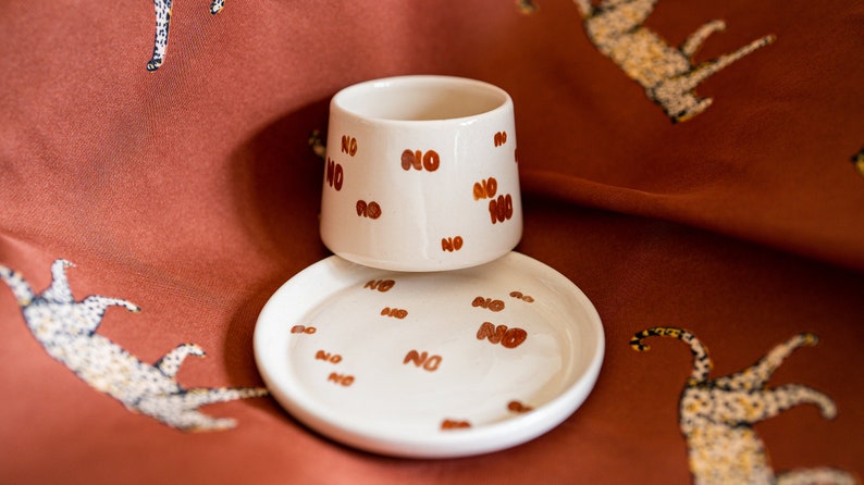 Say NO to bad thoughts Hand Painted Espresso Mug Coffee Mug Set Housewarming Gift Ideas Coffee Set for Couples Typographic image 2