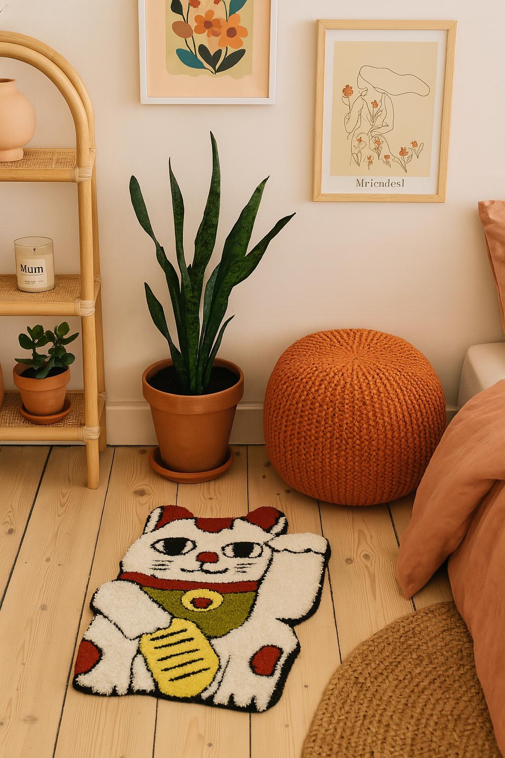 Maneki Neko Tufted Rug | Handmade Rug Beckoning Cat | Wall
