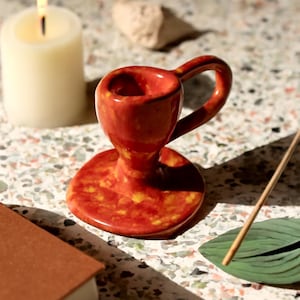 Hand-Painted Red Ceramic Candle Holder: Decorative Pottery Candlestick