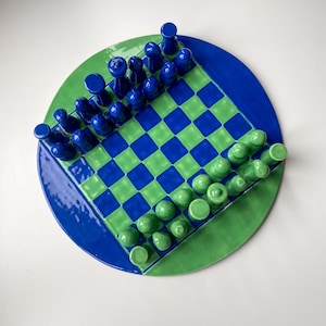 Artisan Chessboard Set with Handcrafted Ceramic Pieces - Blue/Green