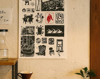 Modern Linocut Print on Schöeller Paper – A3 Handmade Art Print | Contemporary Black & Red Block Print | Limited Edition Home Wall Art