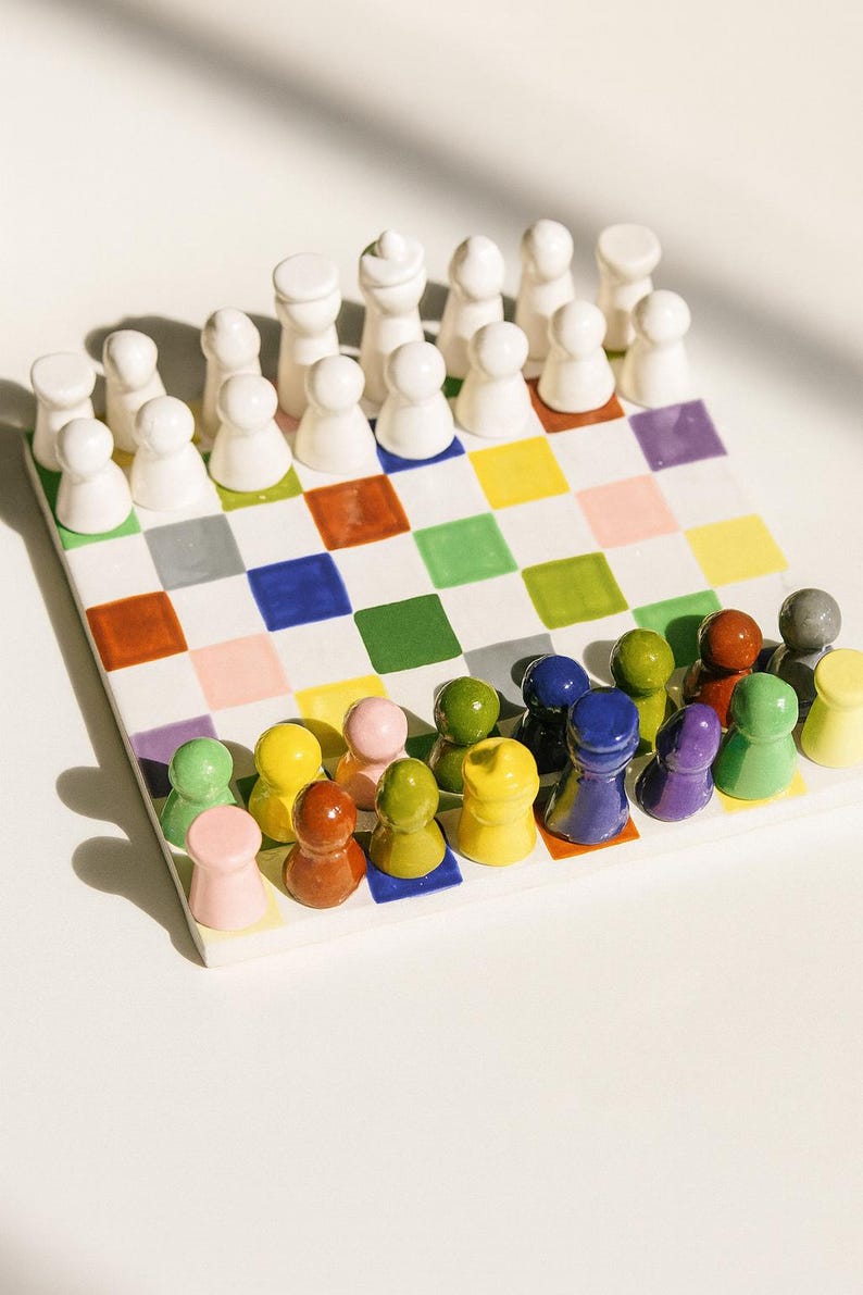 Handmade Ceramic Chess Set: Modern Rainbow Board, White Pieces - Etsy