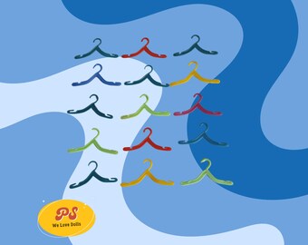 May include: A set of 18 colorful plastic hangers, perfect for doll clothes. The hangers are arranged in a grid pattern, with each row featuring a different color. The colors include red, green, blue, yellow, and teal. The hangers are all the same size and shape, with a simple, curved design. The image also includes a logo that says "PS We Love Dolls".