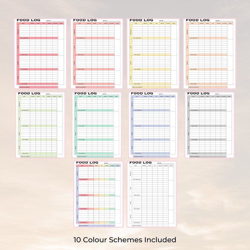 Printable Daily Food Diary Calorie Tracker &amp; Counting PDF, Rainbow , 10 ...
