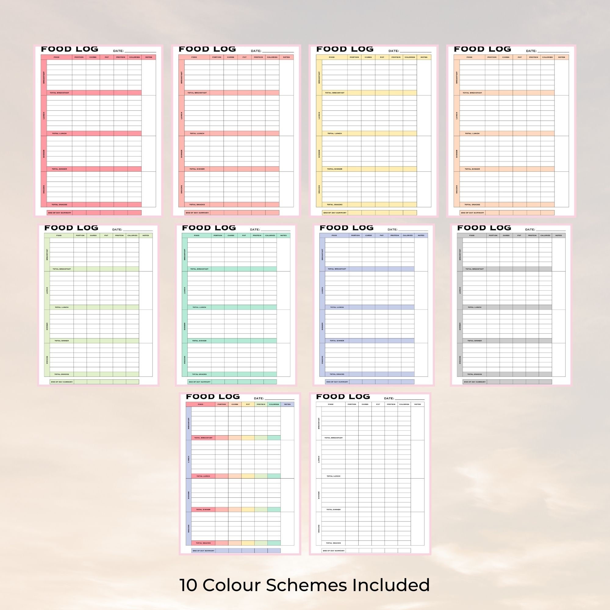 Printable Daily Food Diary Calorie Tracker &amp; Counting PDF, Rainbow , 10 ...