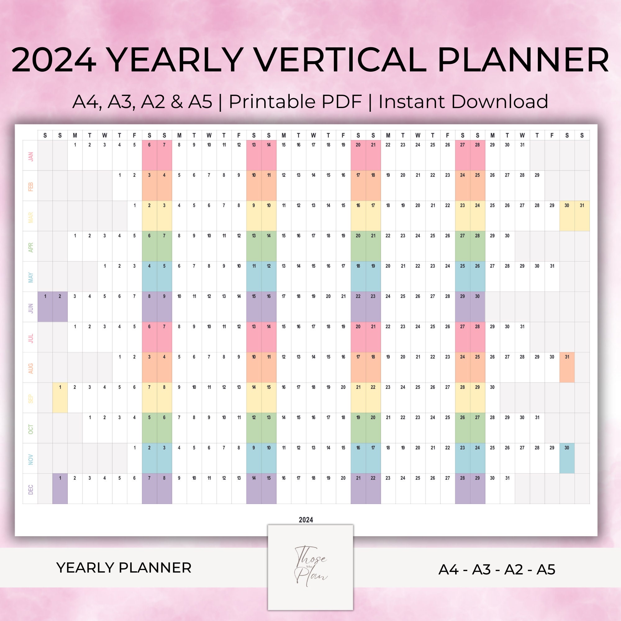 Year at A Glance 2024 Vertical Yearly Planner on One Page Printable ...