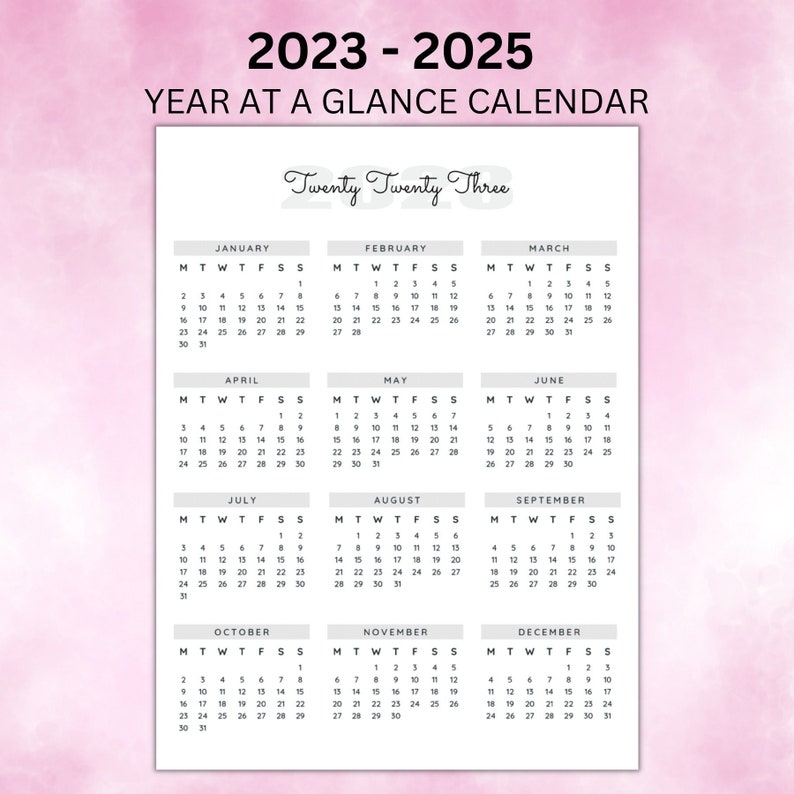 2023 2025 Year at A Glance Printable, Minimalist Calendar, A4, A5, A3 ...