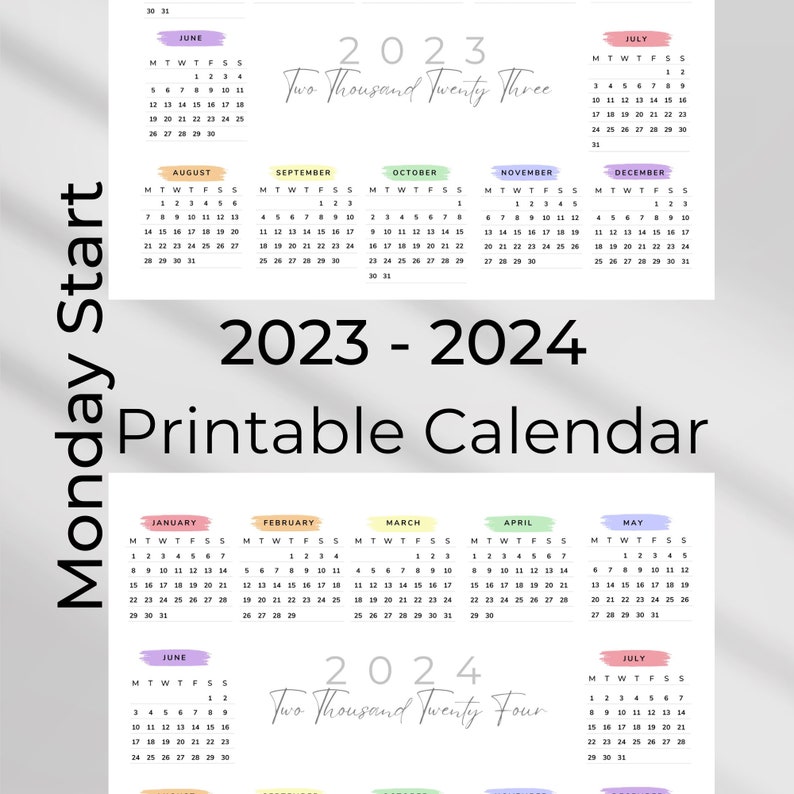2023 & 2024 Printable Landscape Wall Calendar Year at A Glance Digital